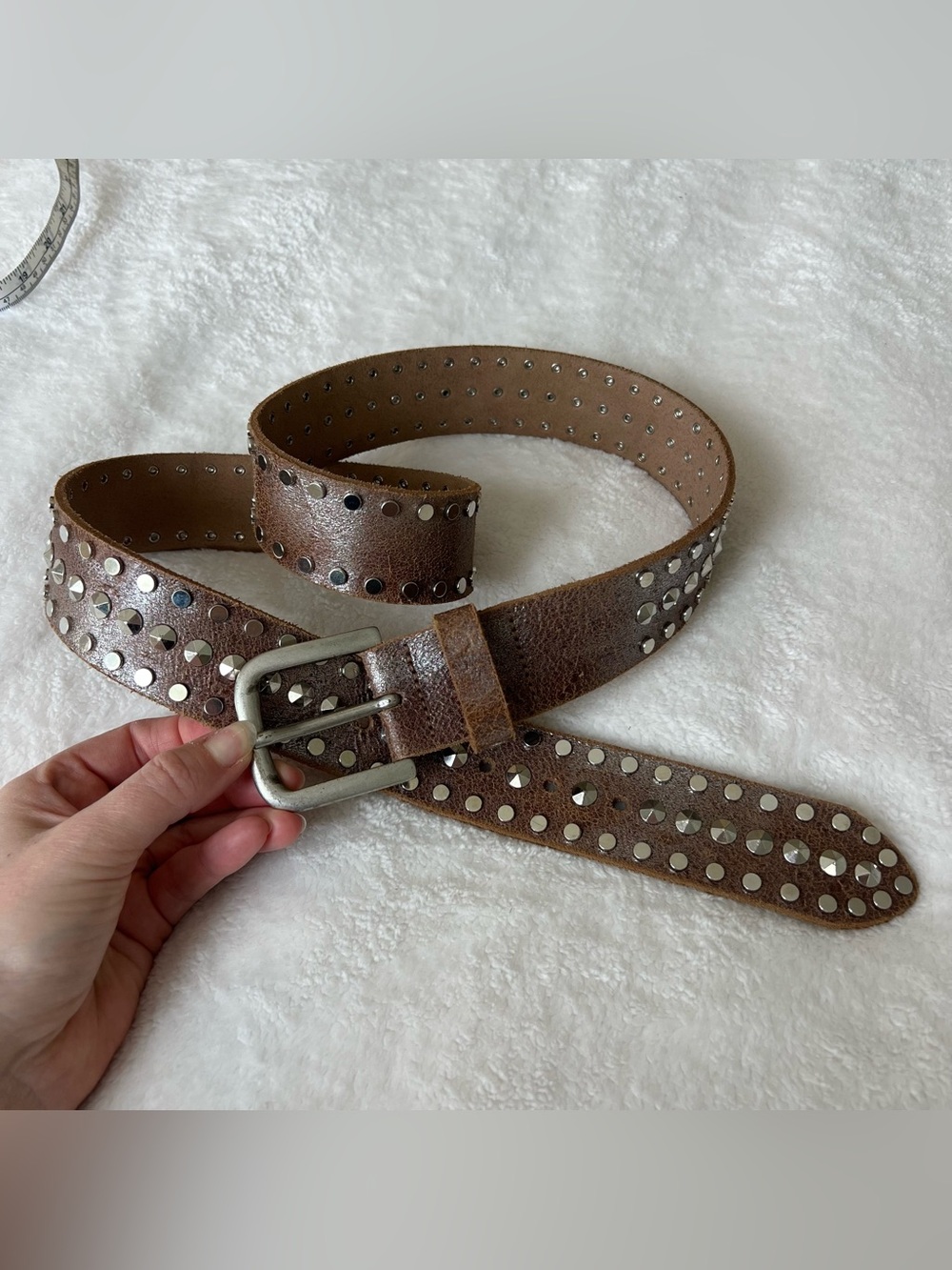 Marc Aurel Leather Silver Studded Brown Belt - well made, made in Italy